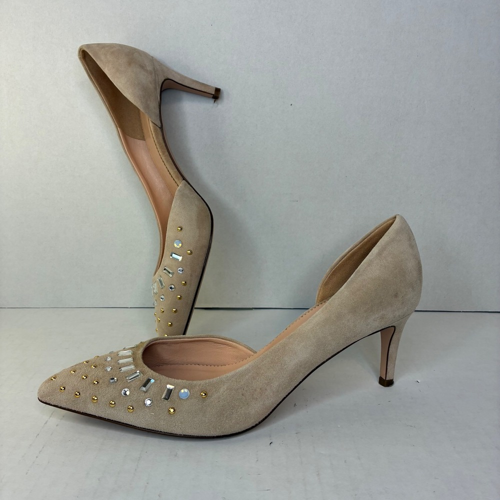 J.Crew K7887 Beige Nude Suede 7.5 Crystal Stud Leather Heels D'Orsay Pumps Italy